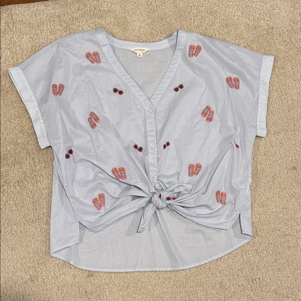 Tie Front Embroidered Flip Flop Light Blue Button-Up Dolman Blouse